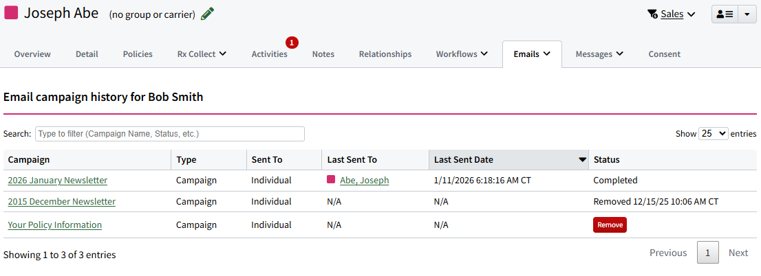 Screenshot showing how to remove an Individual from an email campaign