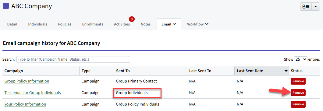 Screenshot showing how to remove a Group's Individuals from an email campaign