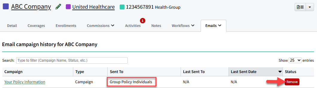 Screenshot showing how to remove a Group Policy's Individuals from an email campaign