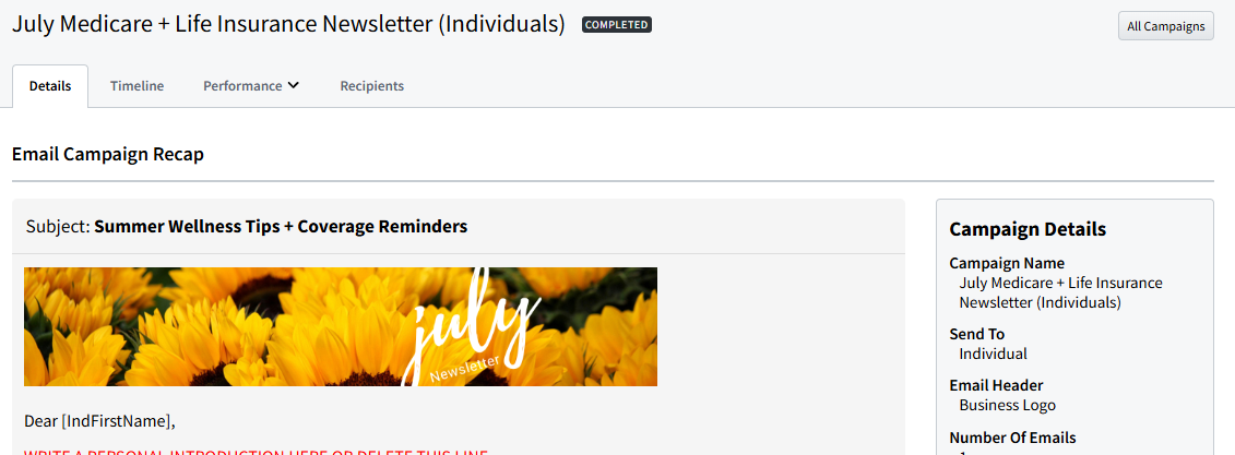 Screenshot showing the Details tab on a complete email campaign in Email Marketing