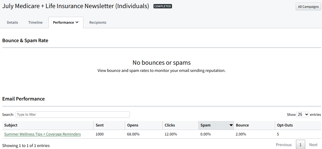 Screenshot showing the Performance tab of a completed email campaign in Email Marketing