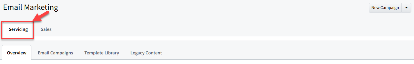 Screenshot showing the servicing tab in Email Marketing