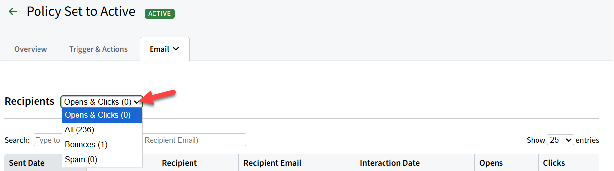 Screenshot showing the Recipients dropdown menu in Automated Workflow