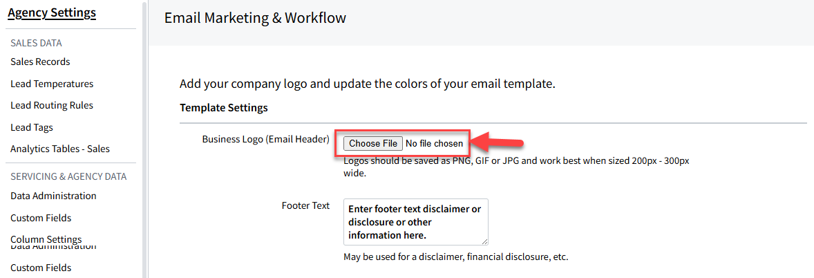 Screenshot highlighting the Browse button on the Email Branding settings page