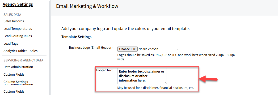 Screenshot showing the footer text in Email Branding settings