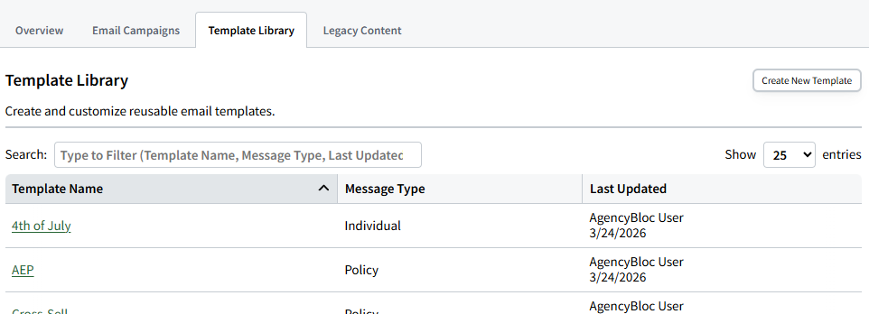 Screenshot showing the template list in the Template Library in Servicing Email Marketing