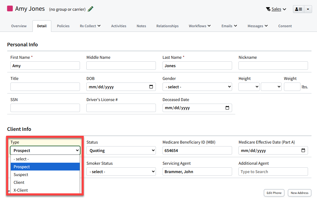 Screenshot highlighting the Type field on an Individual Record