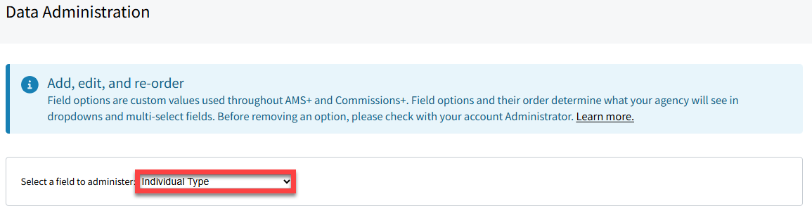 Screenshot highlighting Individual Type in the field selector dropdown in Data Administration