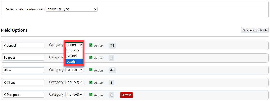 Screenshot highlighting the Category dropdown for an Individual Type in Data Administration