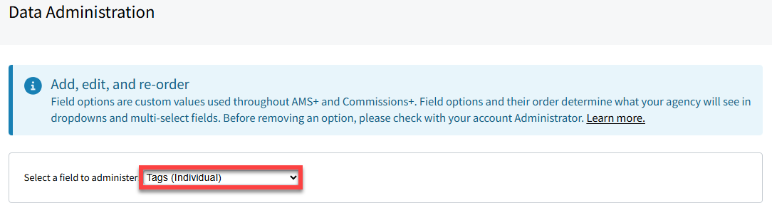 Screenshot highlighting the Tag (Individual) field in Data Administration