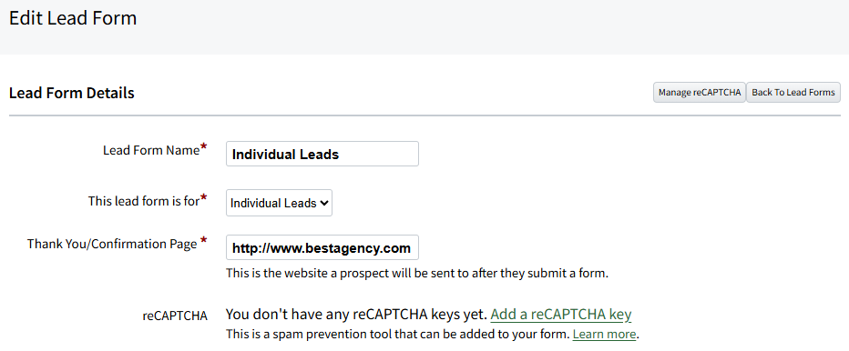 Screenshot showing the Lead Form Details section during Lead Form setup
