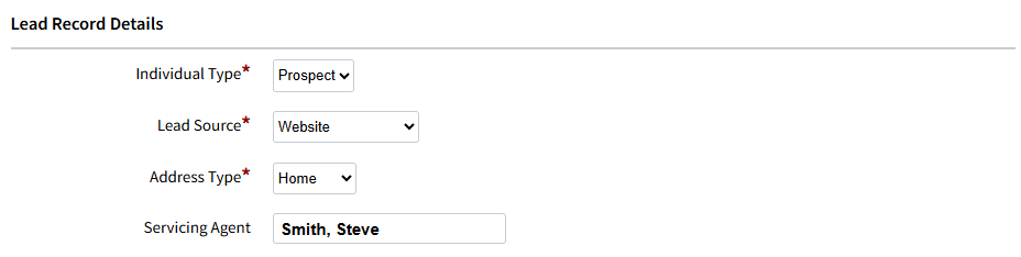 Screenshot showing the Lead Record deatils section during Lead Form setup