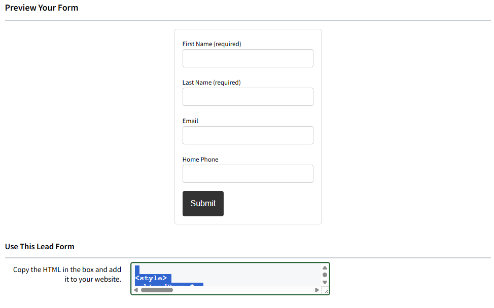 Screenshot showing the Lead Form Preview