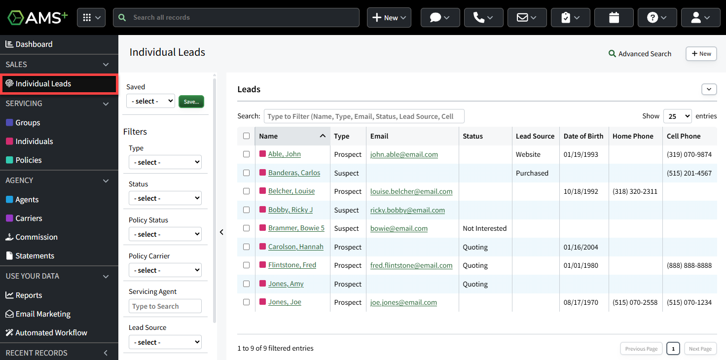 Screenshot showing the Individual Leads page