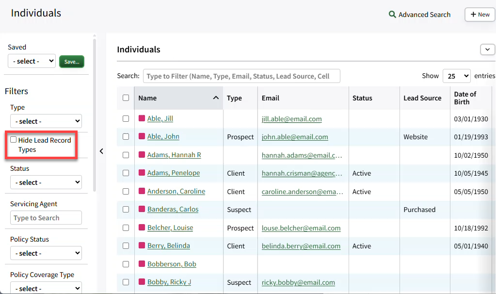 Screenshot highlighting the Hide Lead Record Types filter on the Individual Search page