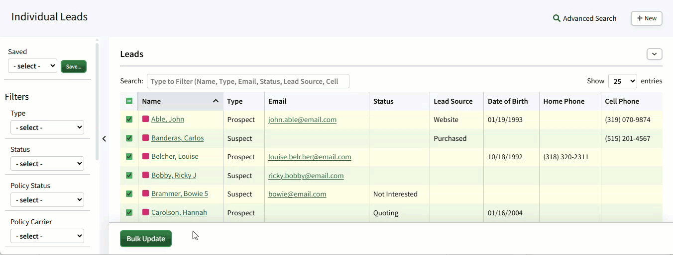 Animated image showing how to select a field to bulk update on Individual Records in the Bulk Update pop-up window