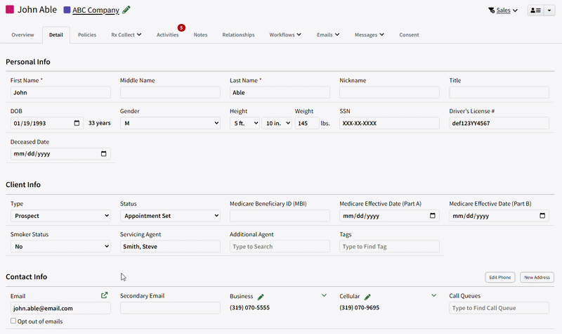 Animated image showing how the compose email icon works on an Individual Record