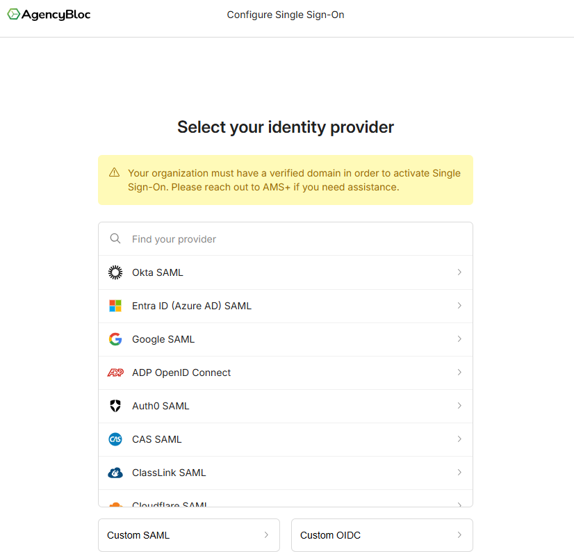 Screenshot showing the screen where the identity provider is selected