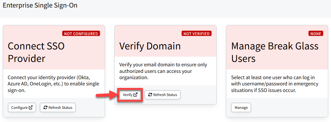 Screenshot highlighting the Verify button on the Verify Domain card in Enterprise Single Sign On settings