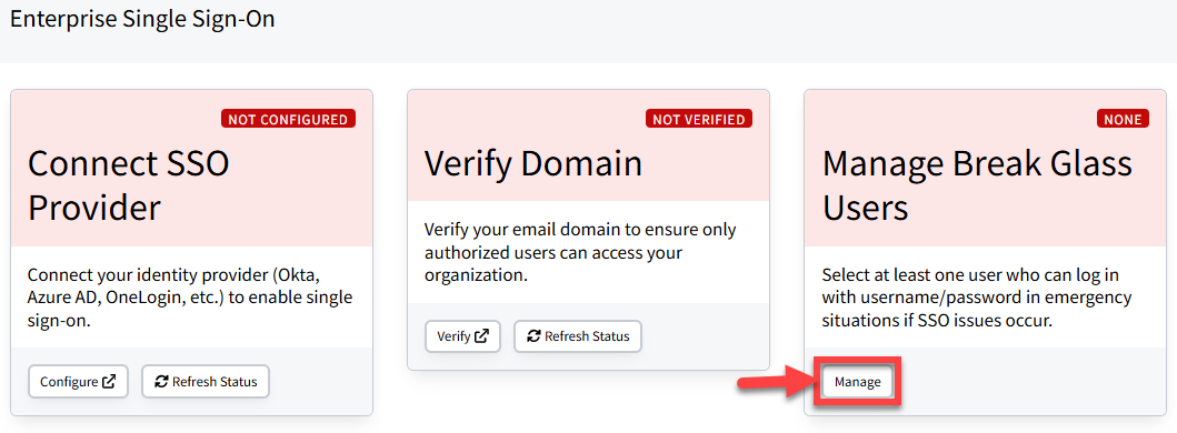 Screenshot highlighting the Manage button on the MAnage Break Glass Users card in Enterprise Single Sign On settings