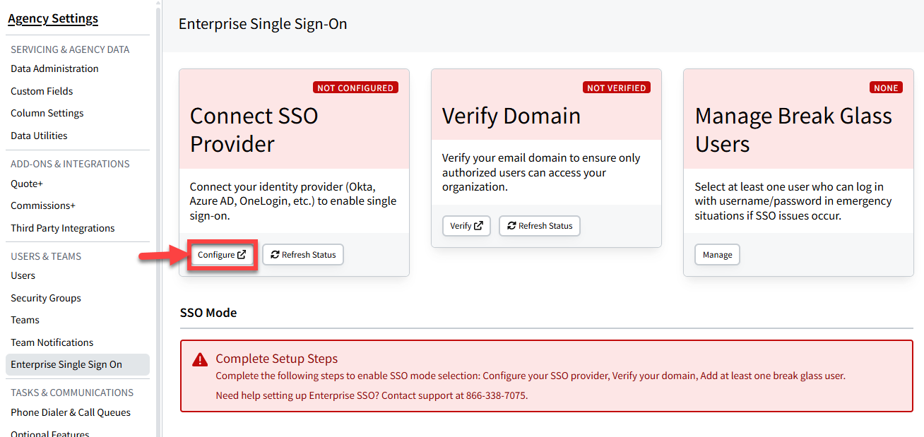 Screenshot highlighting the Configure button on the Connect SSO Provider card in Enterprise Single Sign On settings