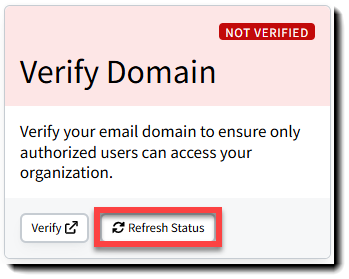 Screenshot highlighting the Refresh Status button on the Verify Domain card in Enterprise Single Sign On settings
