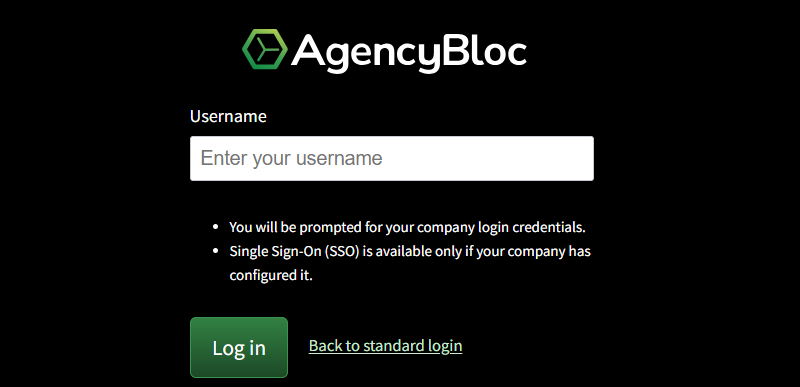 Screenshot showing how to enter your username during the SSO sign in process when logging into AMS+