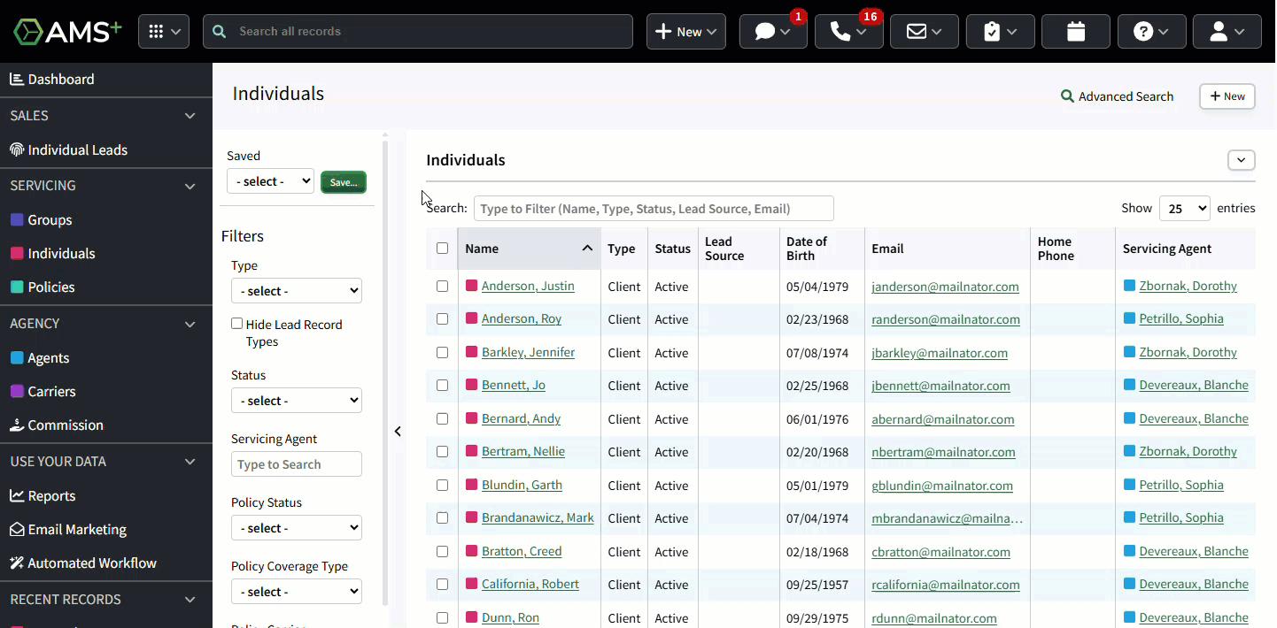 Animated image showing how to hide and unhide the filter panel on the Individual Search page