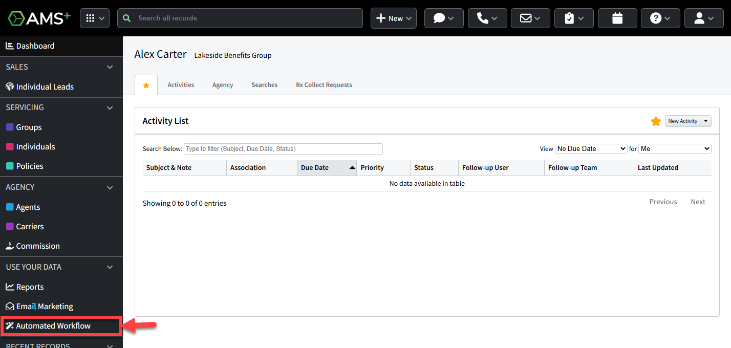 Screenshot showing how to navigate to Automated Workflow