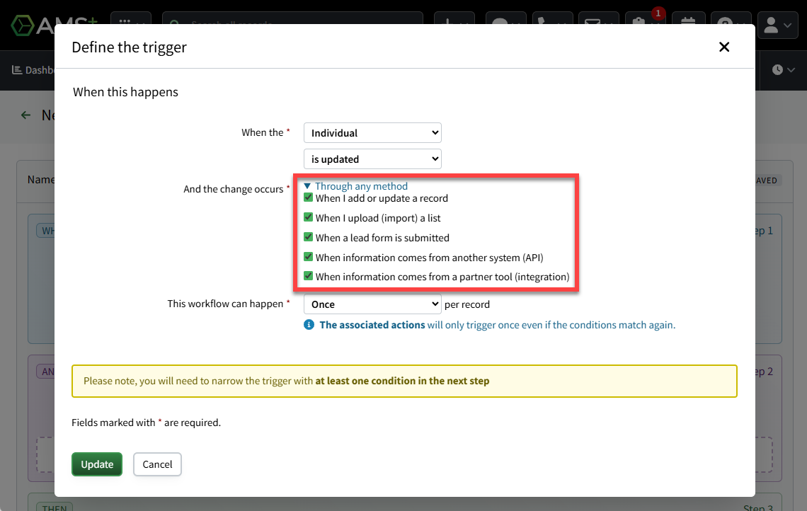 Screenshot highlighting the workflow's change method settings