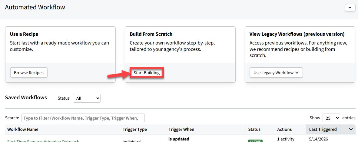 Screenshot highlighting the Start Building button on the Automated Workflow page