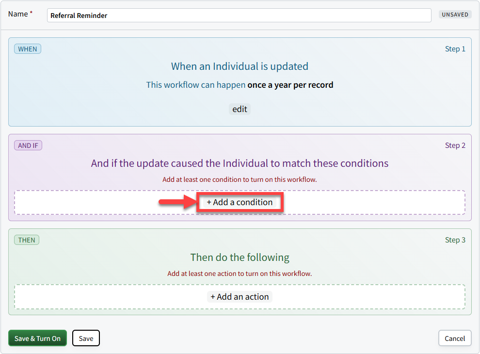 Screenshot showing how to add a workflow condition