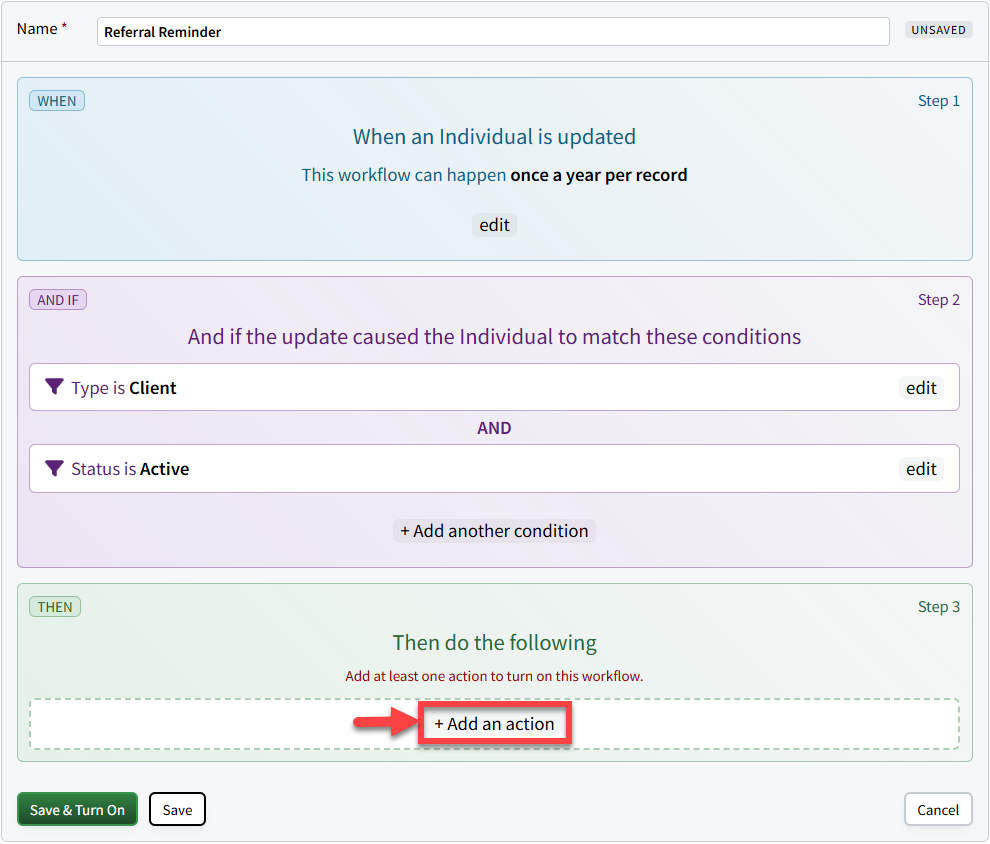 Screenshot showing how to add a workflow action