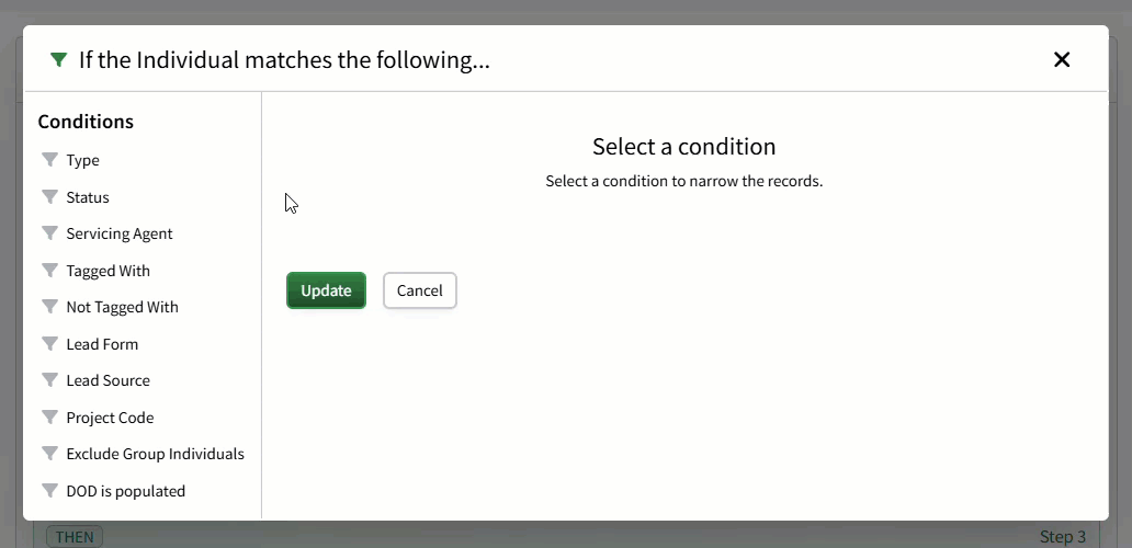 Animated image showing how to select workflow conditions