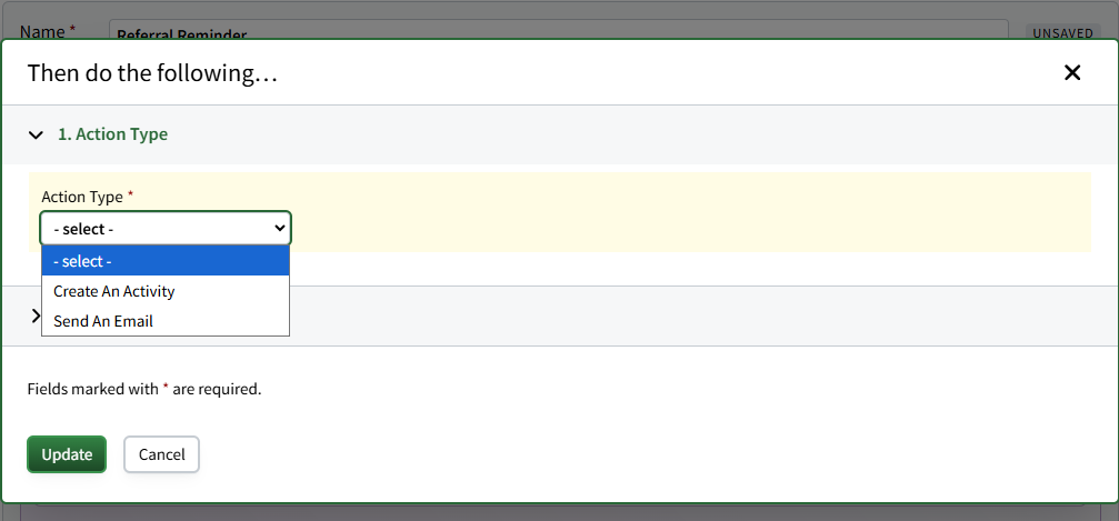 Screenshot showing how to choose the workflow action's type