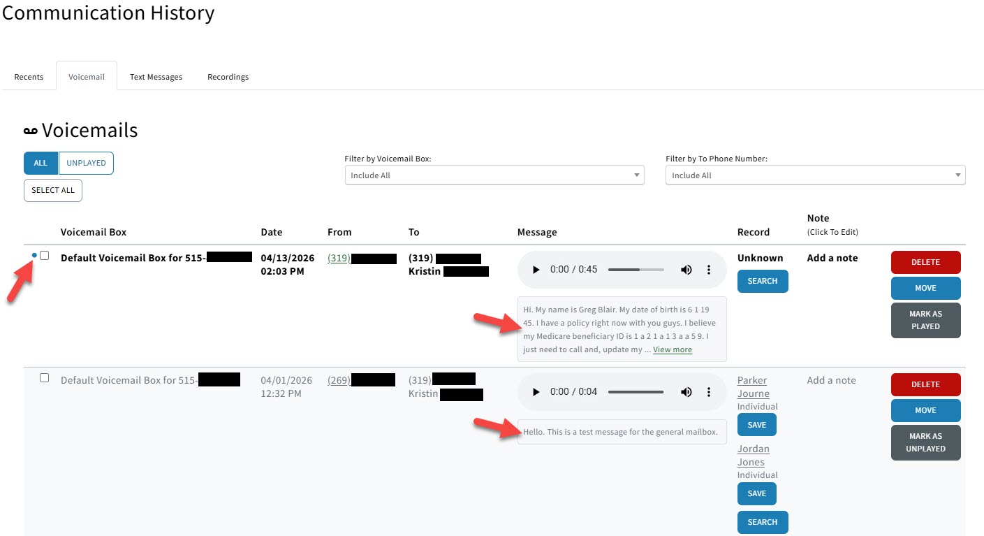 Screenshot highlighting the new transcripts and unread indicator on the Voicemail tab in Communication History
