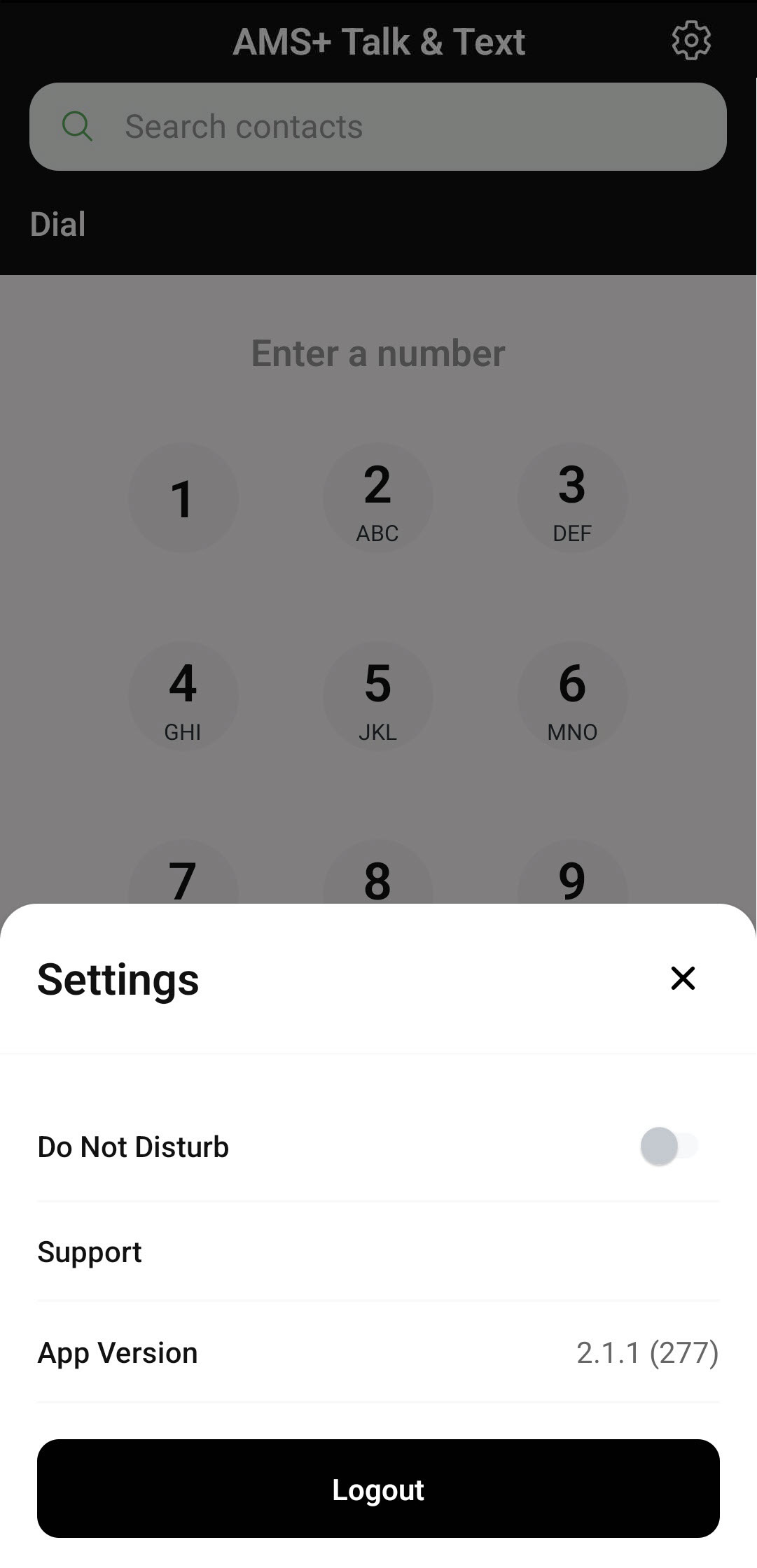 Screenshot showing how to log out from the AMS+ Talk & Text app interface