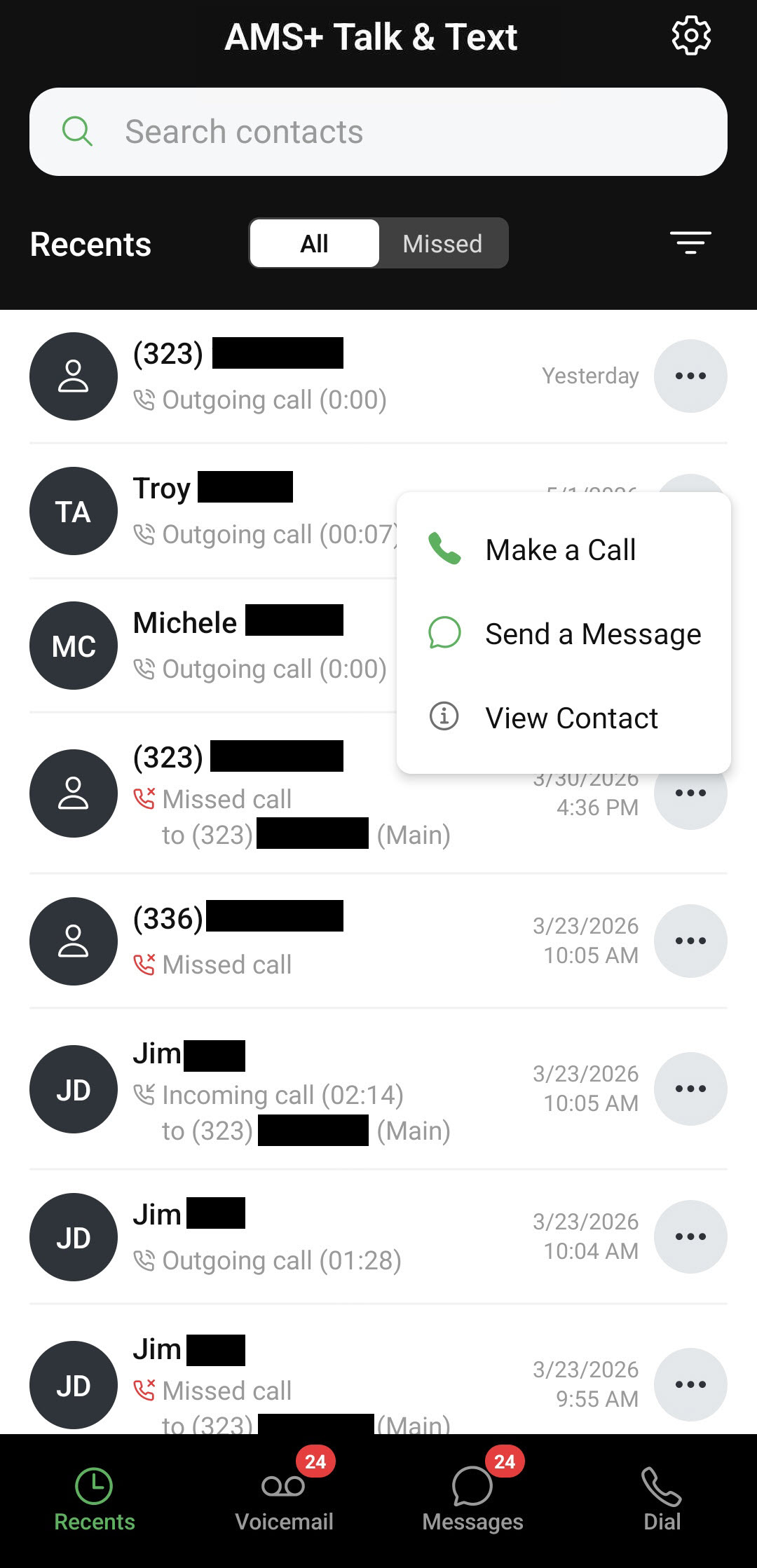 Screenshot showing recent calls in the AMS+ Talk & Text app interface