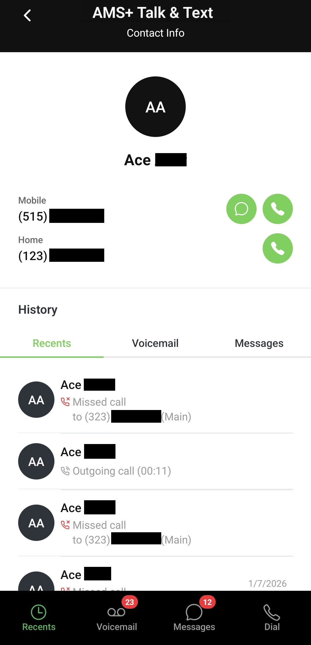 Screenshot showing a contact's profile in the AMS+ Talk & Text app interface