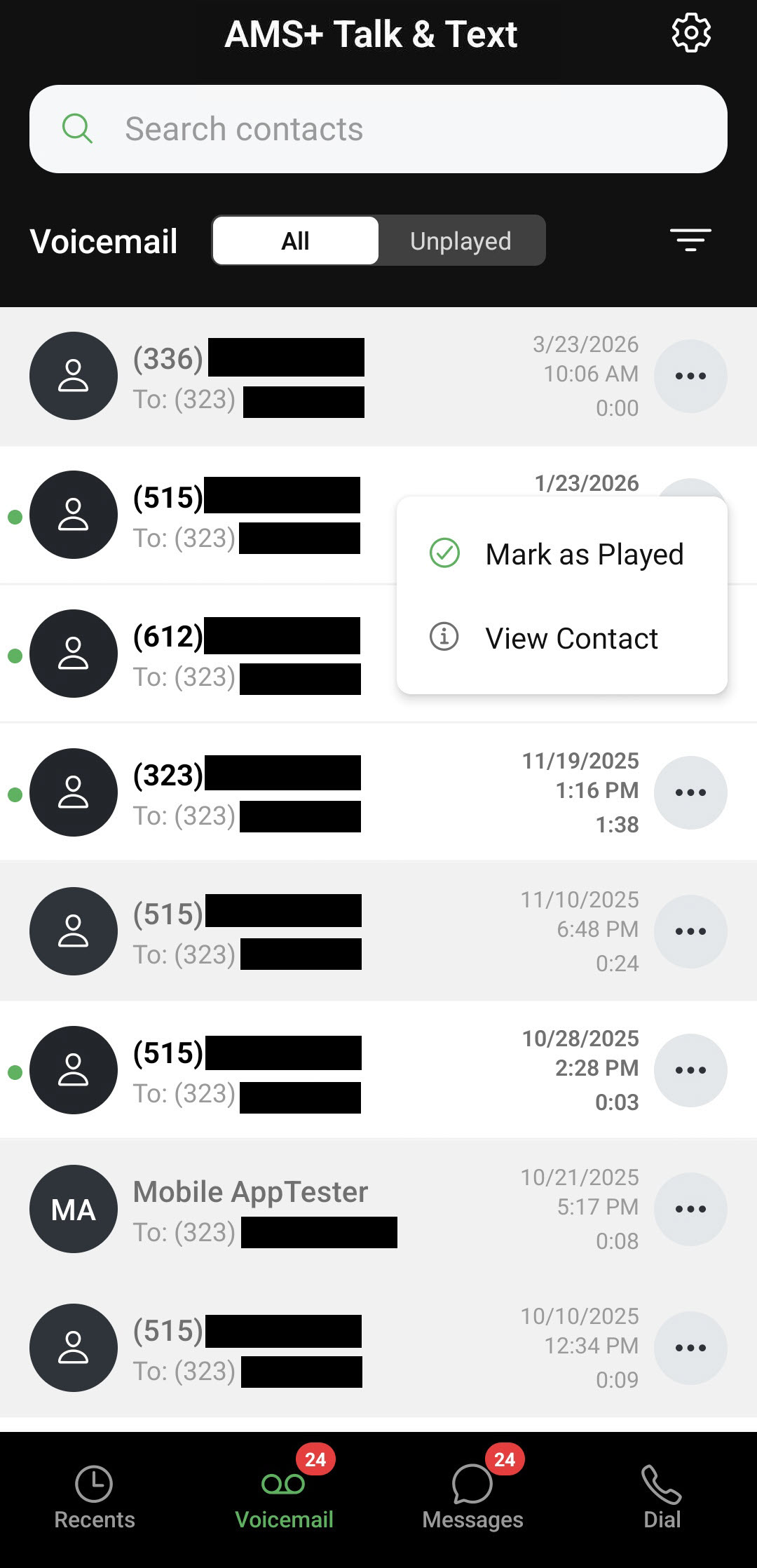 Screenshot showing voicemails in the AMS+ Talk & Text app interface