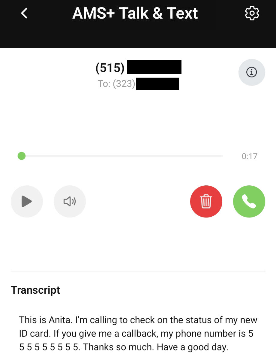 Screenshot showing call transcripts for a voicemail in the AMS+ Talk & Text app interface