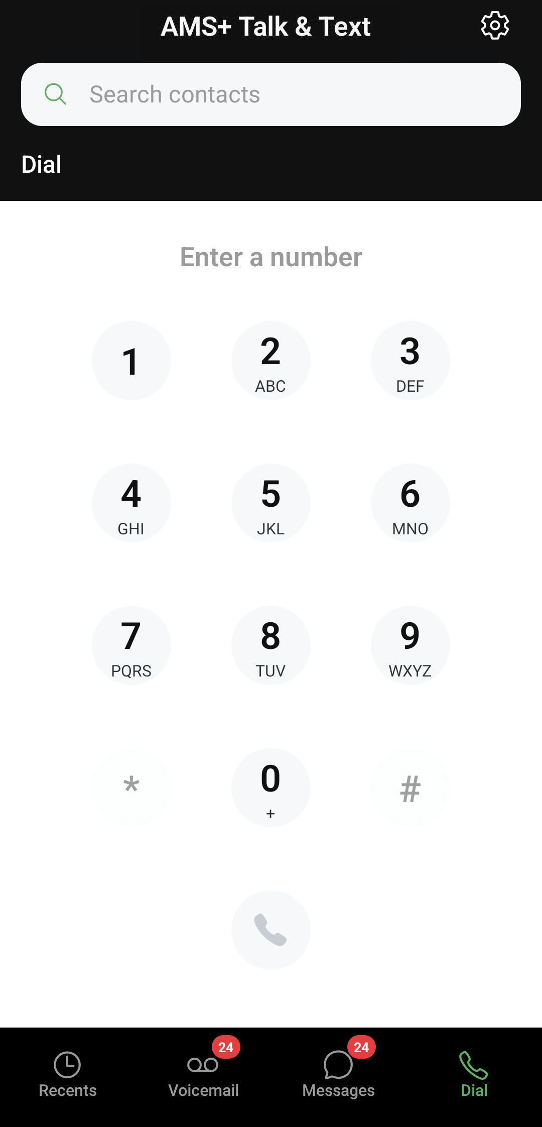 Screenshot showing the dial pad in the AMS+ Talk & Text app interface