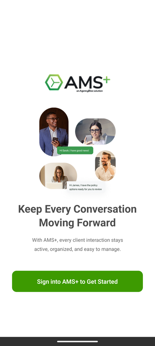 Screenshot showing the getting started screen in the AMS+ Talk & Text mobile app