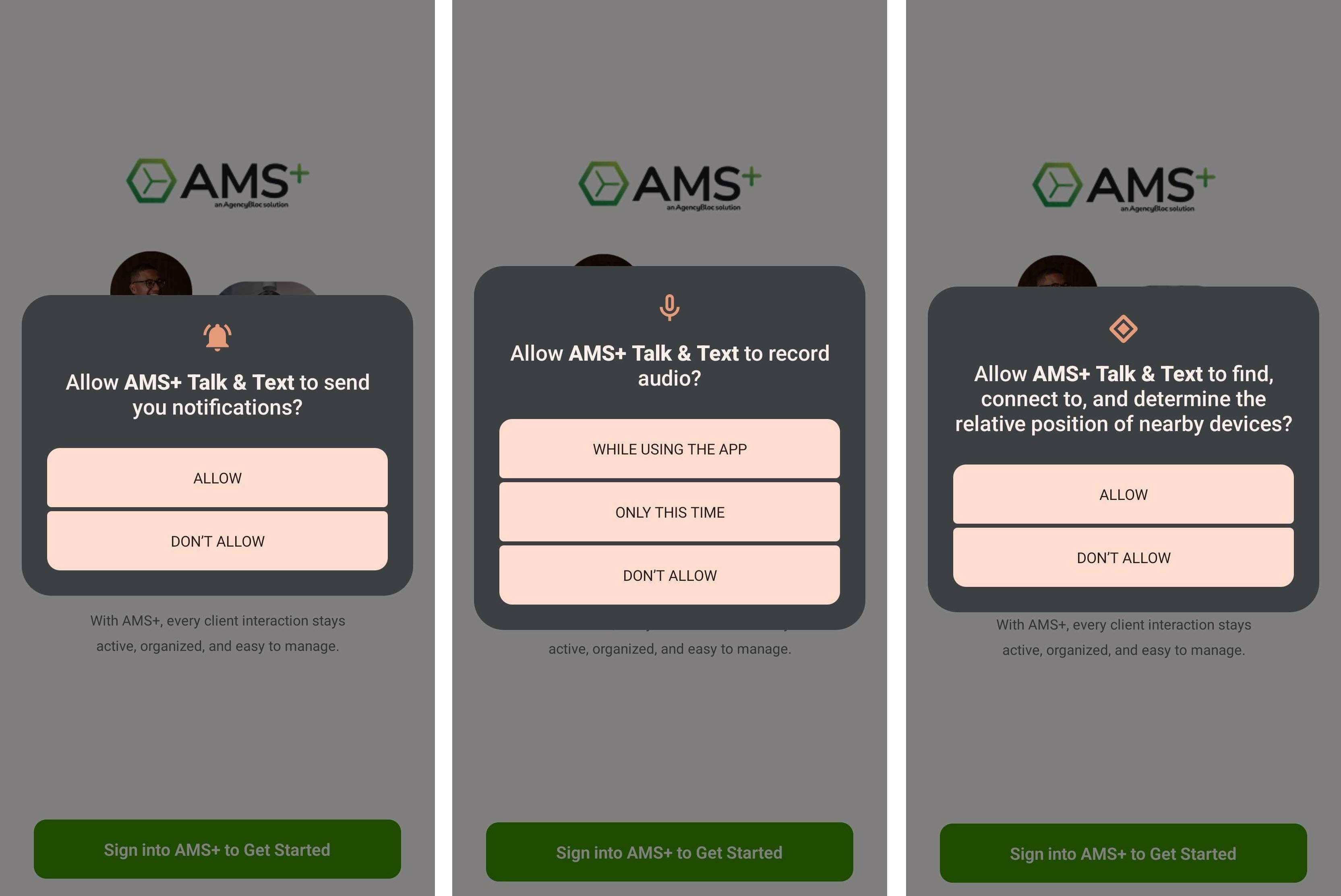 Screenshot showing required mobile device permissions for using AMS+ Talk & Text