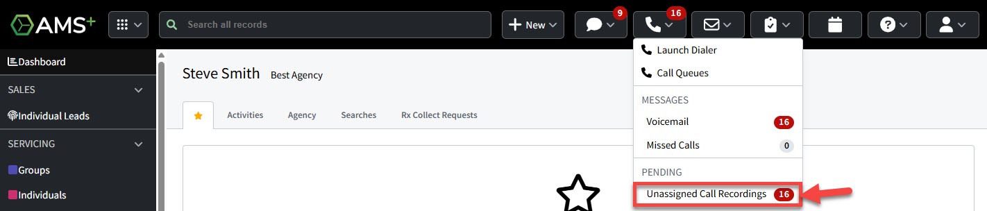 Screenshot showing how to access unassigned call recordings from the AMS+ header