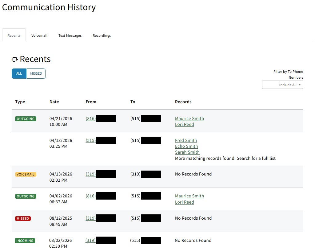 Screenshot showing the Recents tab on the Communication History page