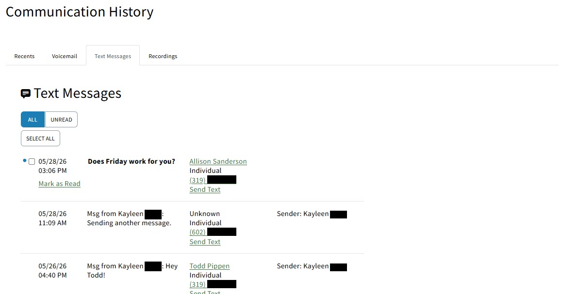 Screenshot showing the Text Messages tab on the Communication History page