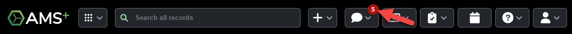 Screenshot highlighting the badge notification for unread text messages in the AMS+ header
