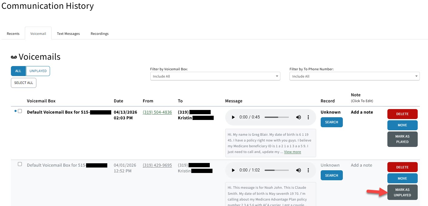 Screenshot showing how to mark a voicemail as unplayed from the Voicemail tab in Communication History