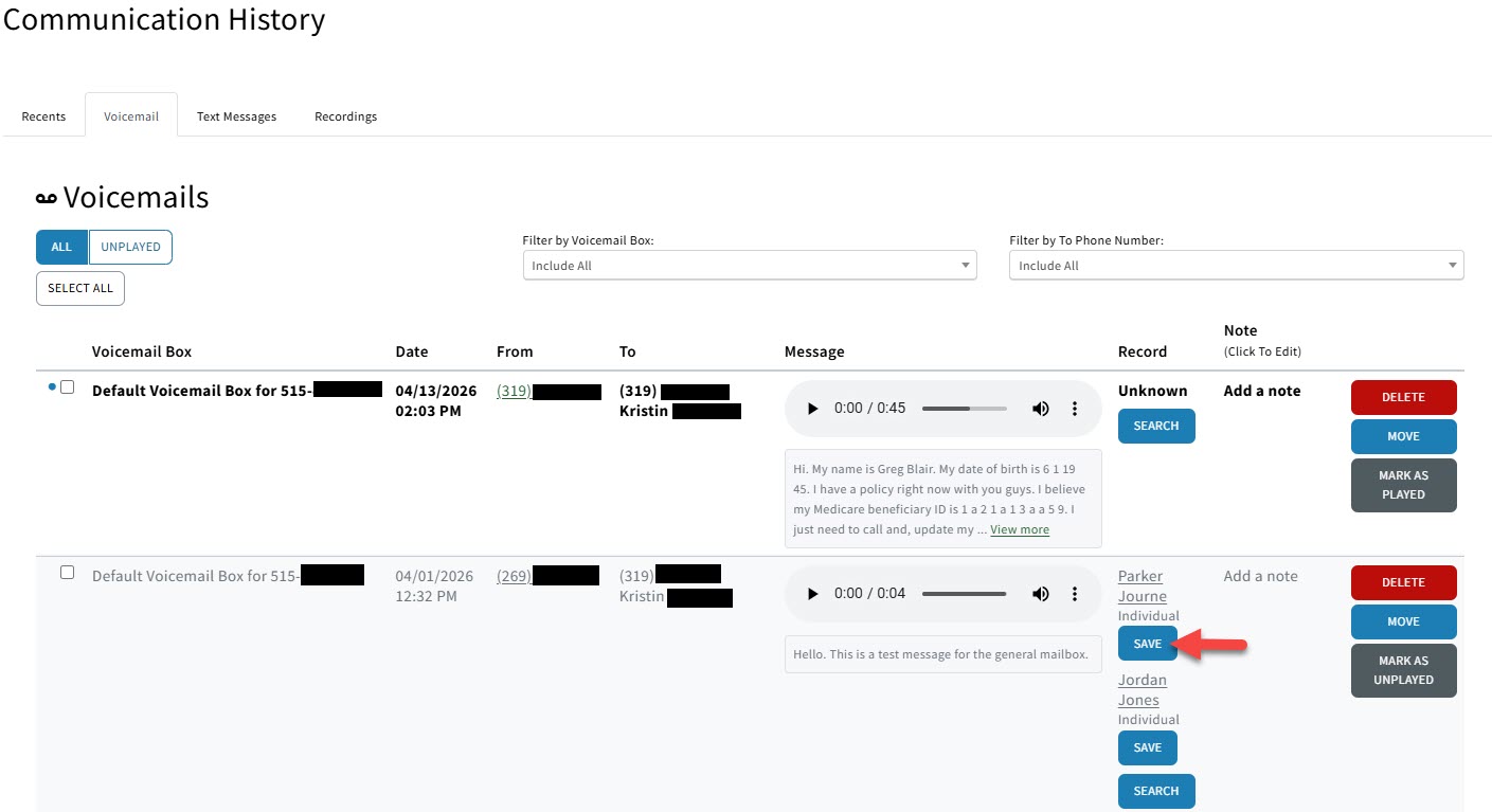 Screenshot showing how to save a voicemail to a record from the Voicemail tab Communication History
